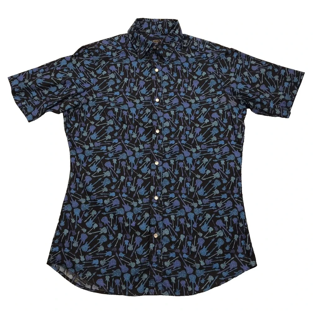 VTG Cremieux Premium Button Shirt Mens SMALL Guitars Black Blue Short Sleeve Y2K